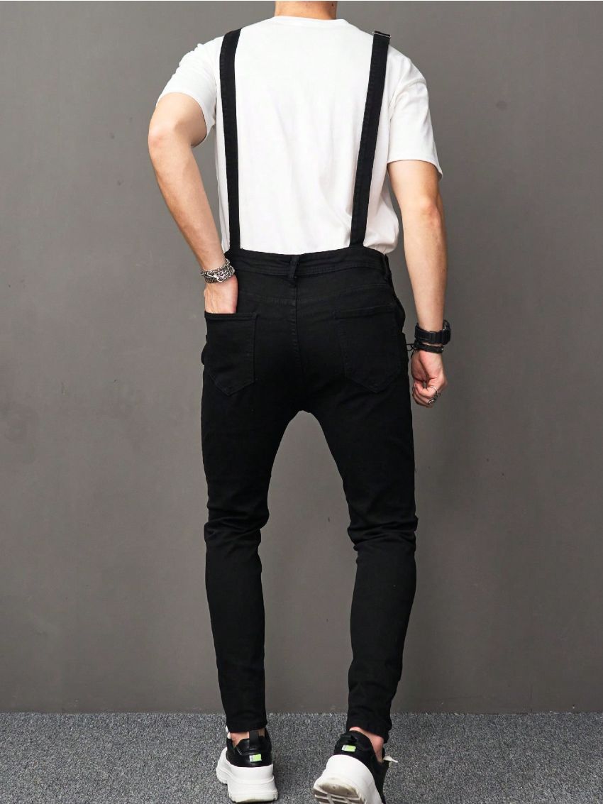 Men Ripped Pocket Front Denim Overalls Without Tee