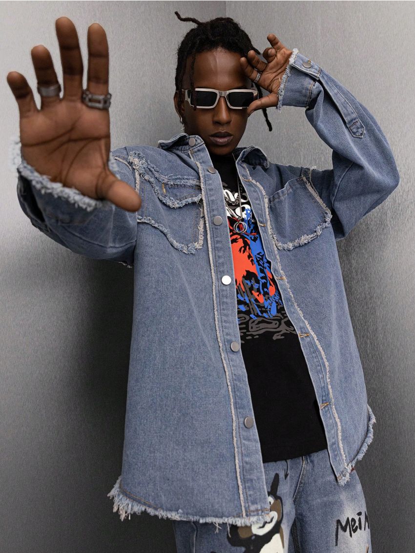 Men's Frayed Edged Water Washed Denim Shirt