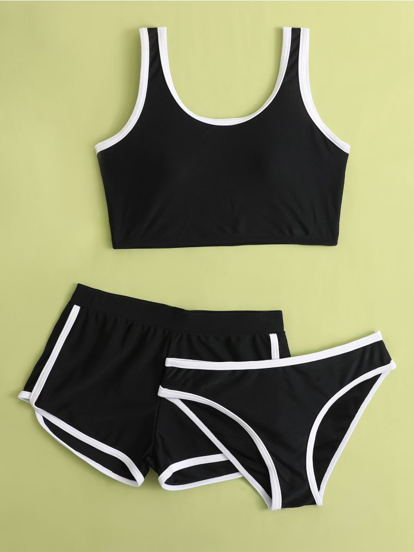 3pack Girls Contrast Binding Bikini Swimsuit & Shorts