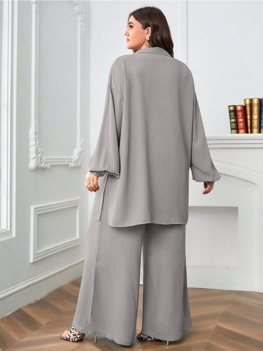SHEIN LUNE Plus Drop Shoulder Shirt & Wide Leg Pants