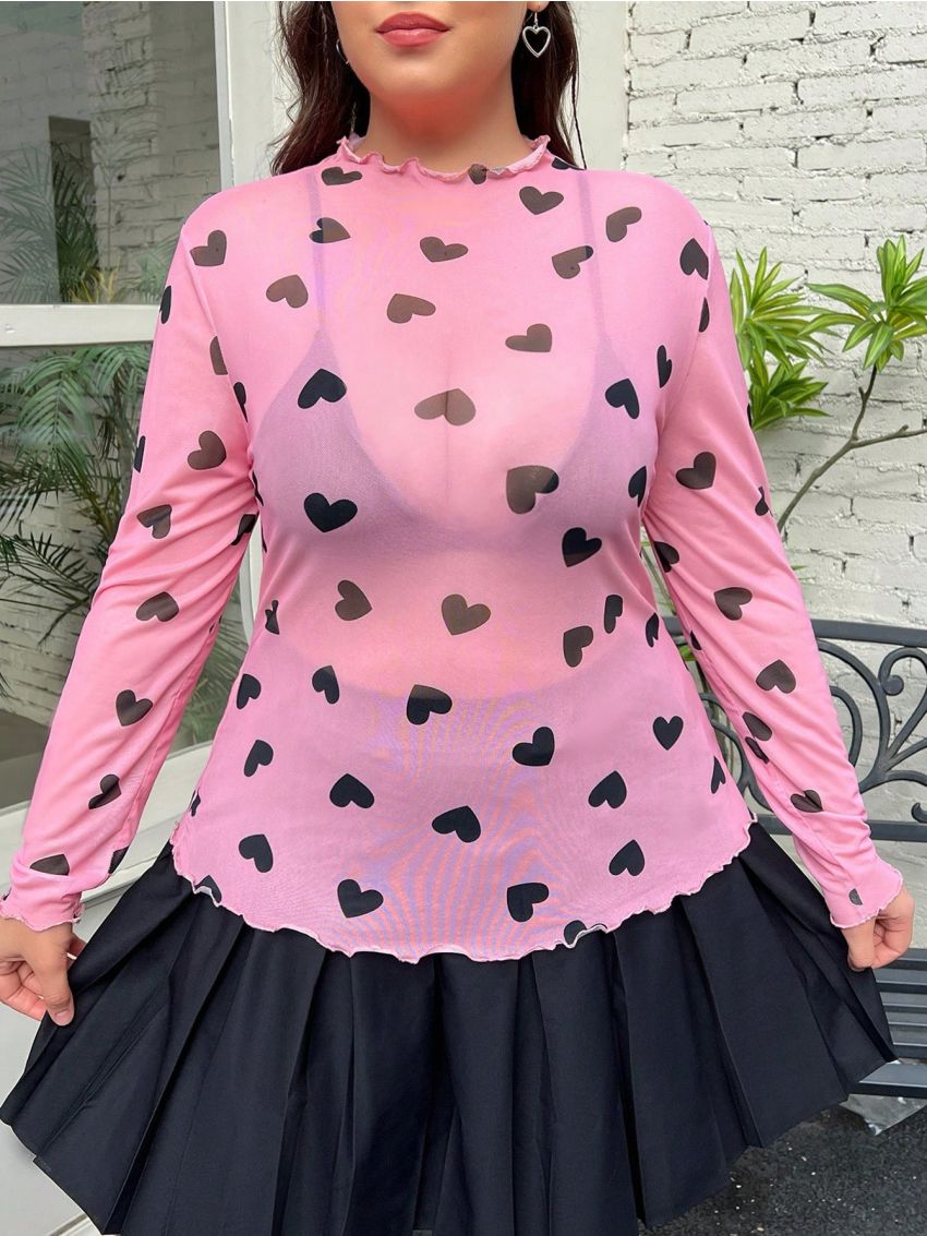 SHEIN Qutie Plus Size Women's Pink Sheer Mesh Top With Heart Pattern