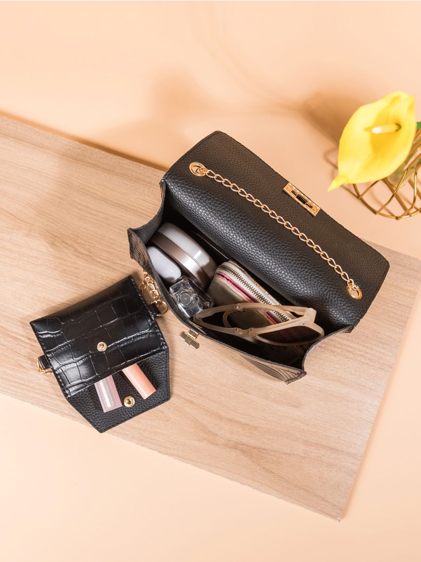 Crocodile Embossed Twist Lock Flap Square Bag With Coin Purse