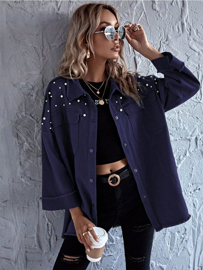 SHEIN LUNE Pearls Beaded Flap Pocket Drop Shoulder Coat