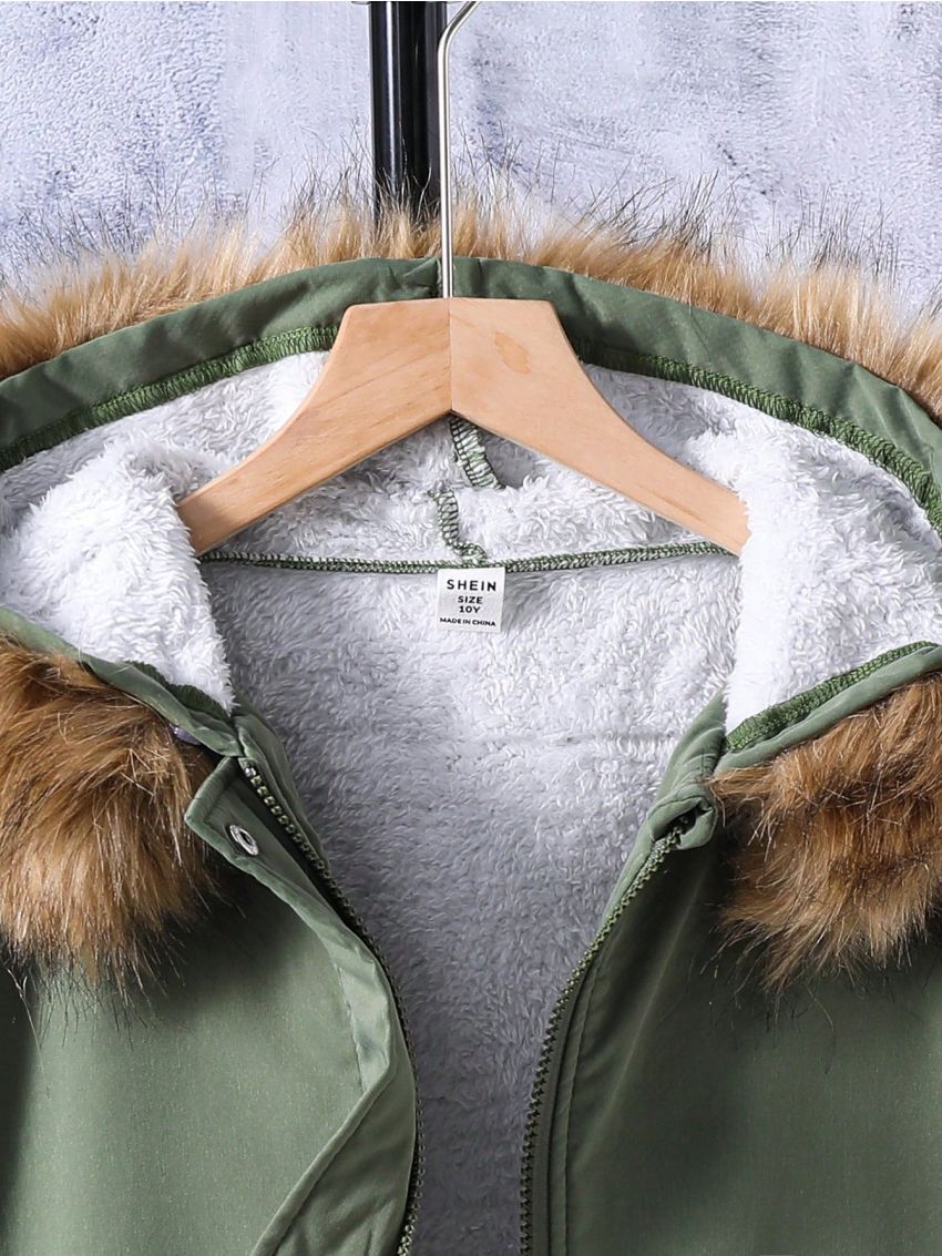 SHEIN Boys' Inner Plush Lined Parka Jacket With Flip Pocket, Warm Winter Coat