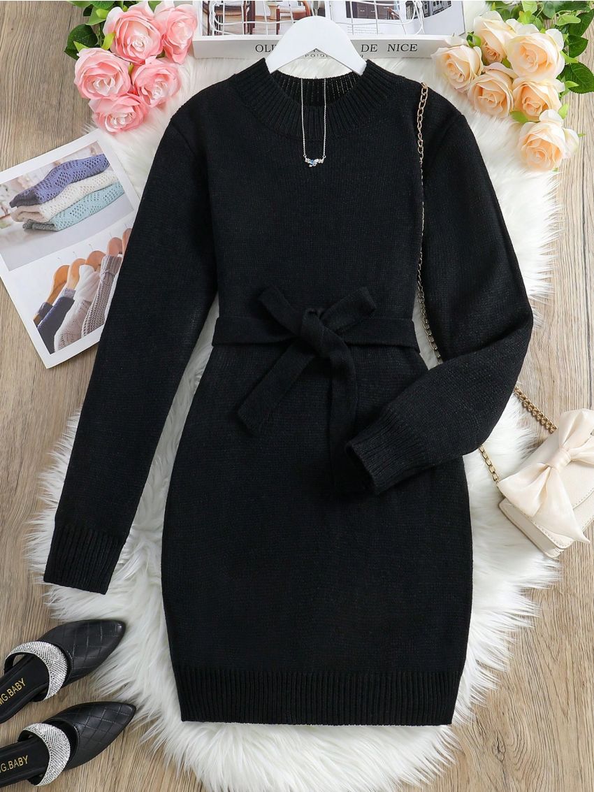 Female Teenagers Solid Color Fitted Casual Sweater Dress