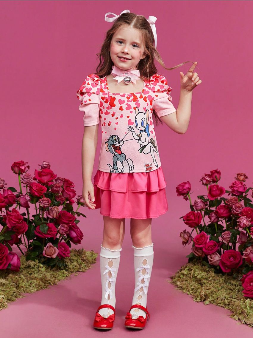 TOM & JERRY X SHEIN Young Girl Cartoon & Heart Print T-Shirt