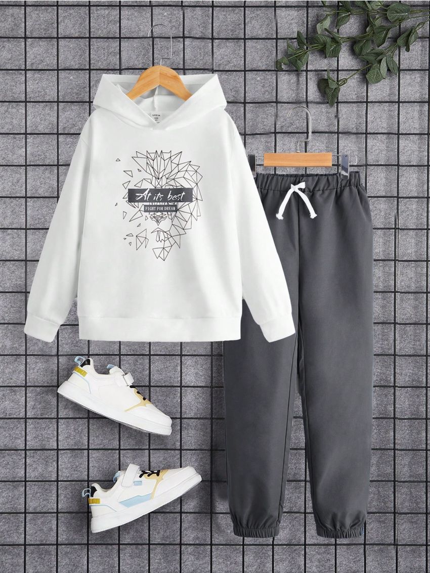 SHEIN Tween Boy Slogan Graphic Hoodie & Drawstring Waist Pants