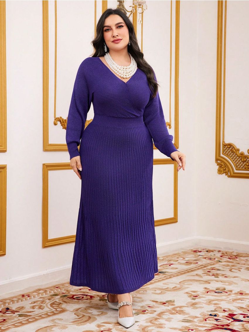 SHEIN Modely Plus Size Solid Color Wrap Knitted Sweater Dress