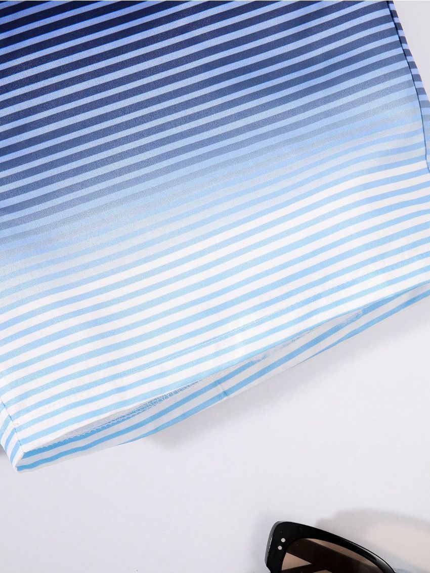 SHEIN Tween Boys' Casual Vacation Ombre Stripe & Print Swim Trunks With Loose Fit