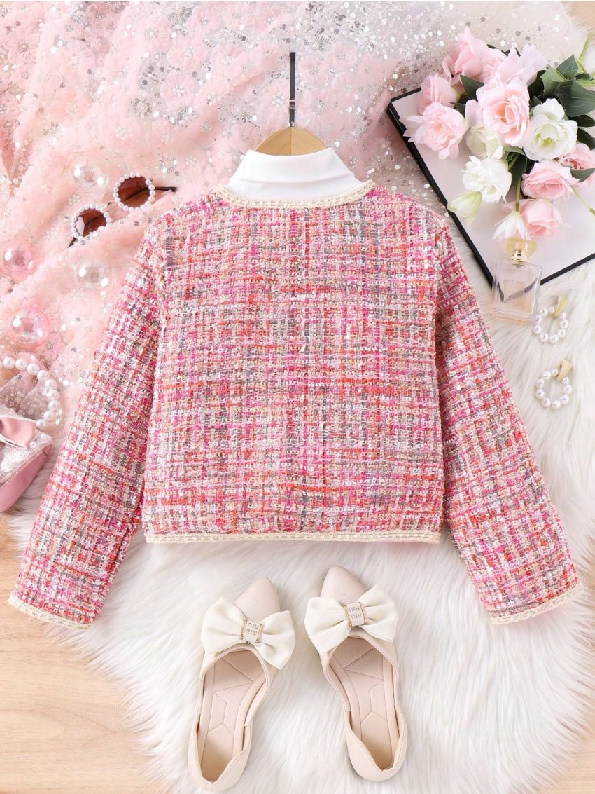 SHEIN Kids EVRYDAY Tween Girls' Flap Detailed Plaid Tweed Jacket Spring