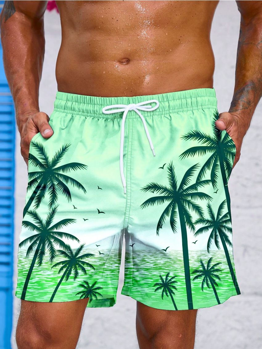 Manfinity Swimmode Men's Drawstring Waist Coconut Tree Printed Beach Shorts With Pockets