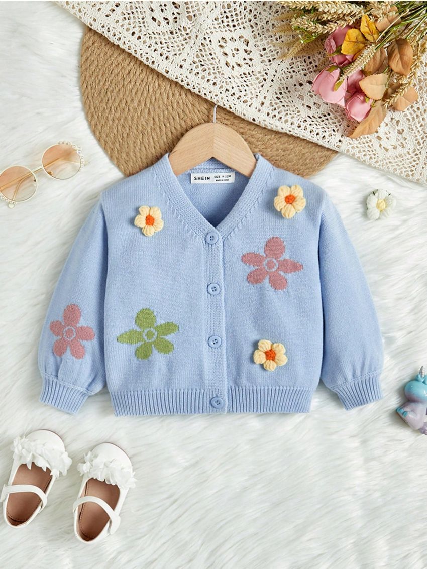 SHEIN Baby Girls' Lovely Slim Fit Floral Patterned Long Sleeve V-Neck Cardigan
