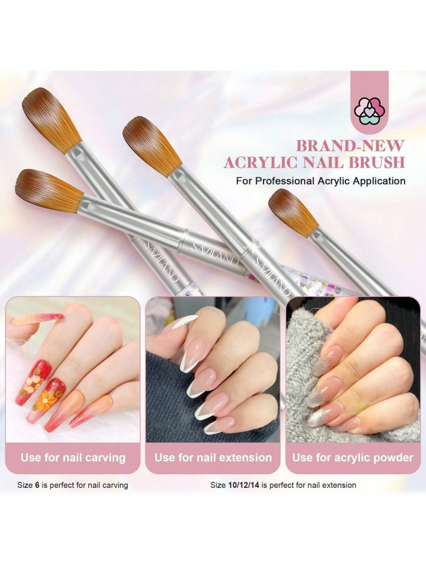 Saviland Kolinsky Acrylic Nail Brush Set - 4PCS Professional Acrylic Nail Brushes for Acrylic Application, Size 6/10/12/14 Acrylic Powder Brushes for Acrylic Nails Extension & 3D Nail Carving