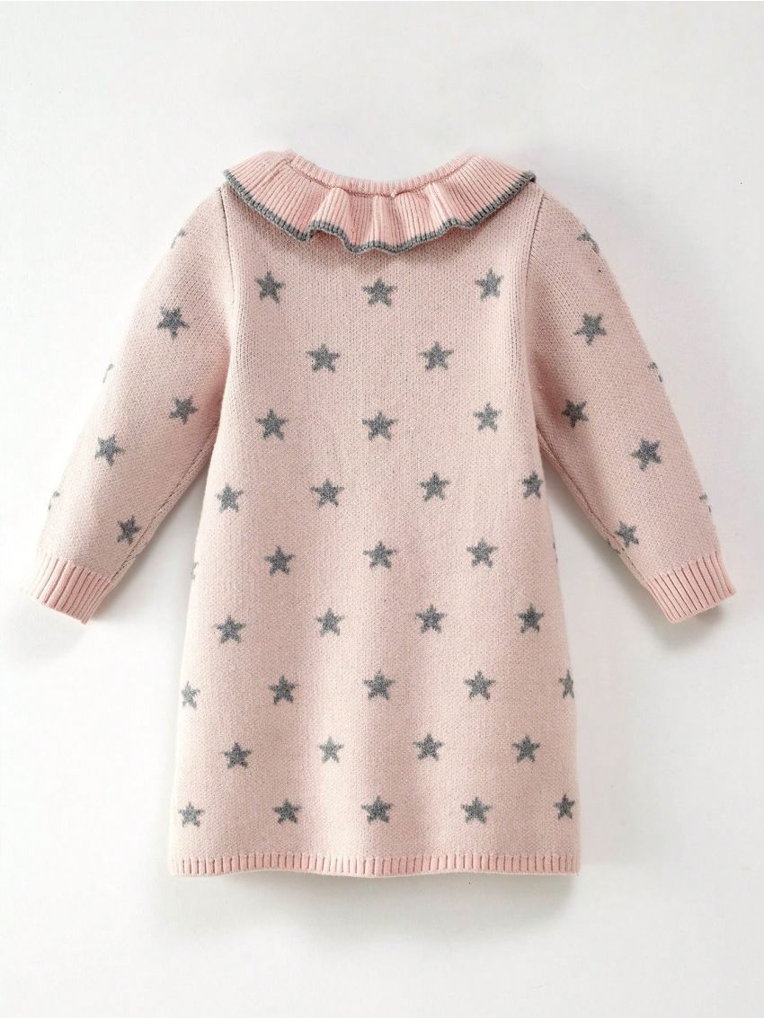 Young Girl Star Pattern Ruffle Trim Sweater Dress