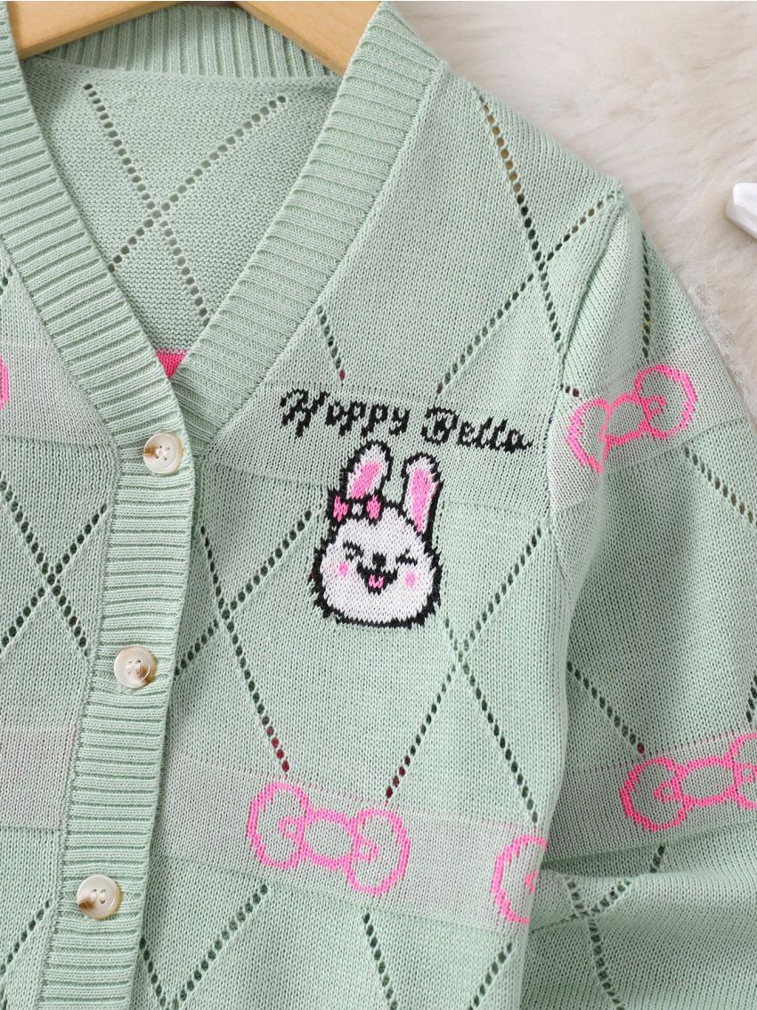 SHEIN Kids CHARMNG Girls' Cardigan With Lovely Rabbit & Bowknot Pattern