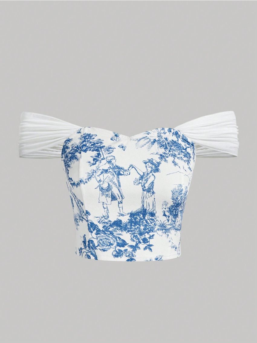 SHEIN Teen Girls' Plant & Character Printed Mesh Splice Off Shoulder T-Shirt