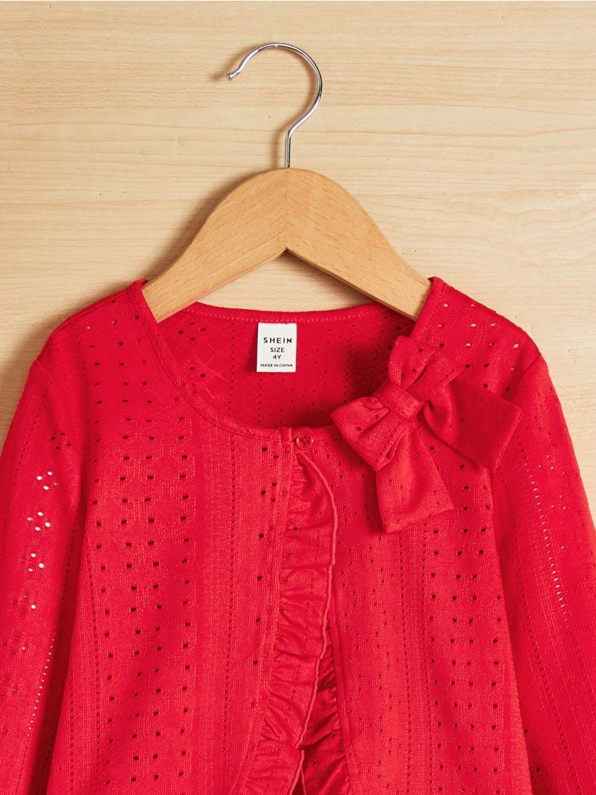 SHEIN Kids EVRYDAY Toddler Girls' Red Hollow Out Jacket With Ruffle Hem