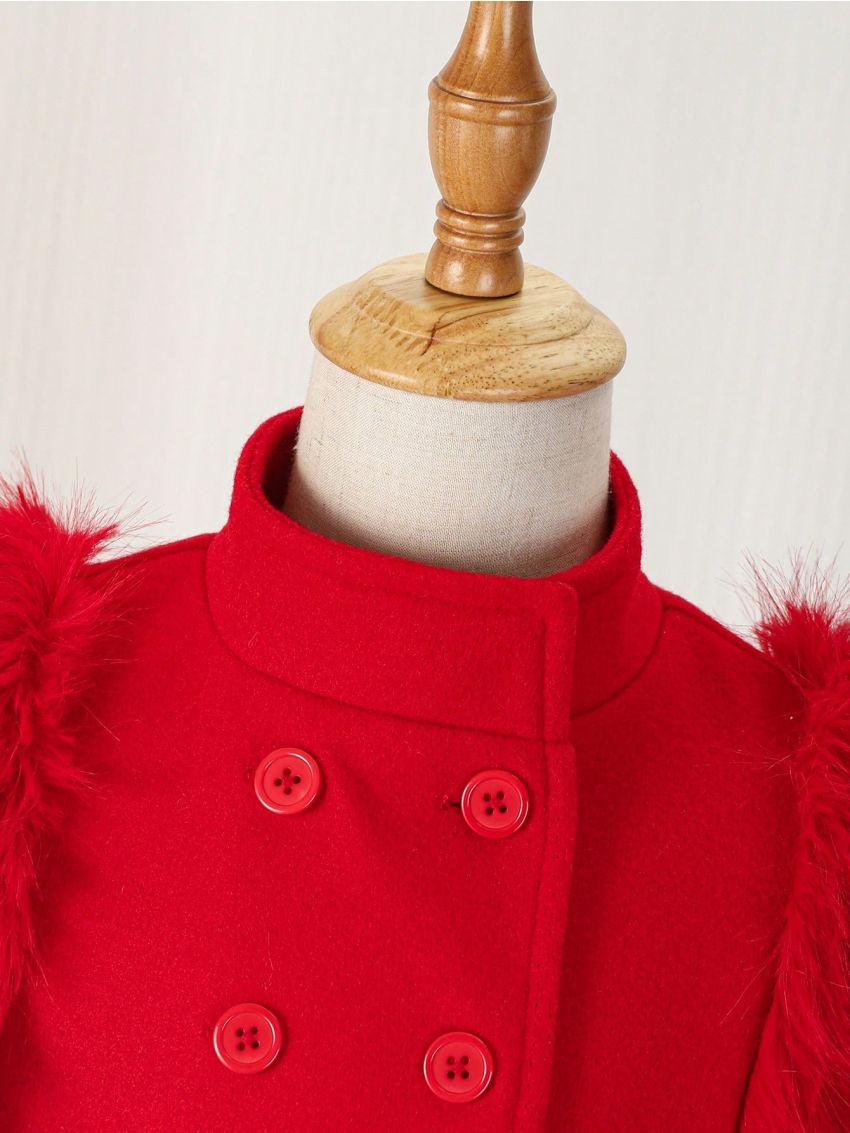 SHEIN Kids Nujoom Young Girl Fuzzy Trim Double Breasted Overcoat