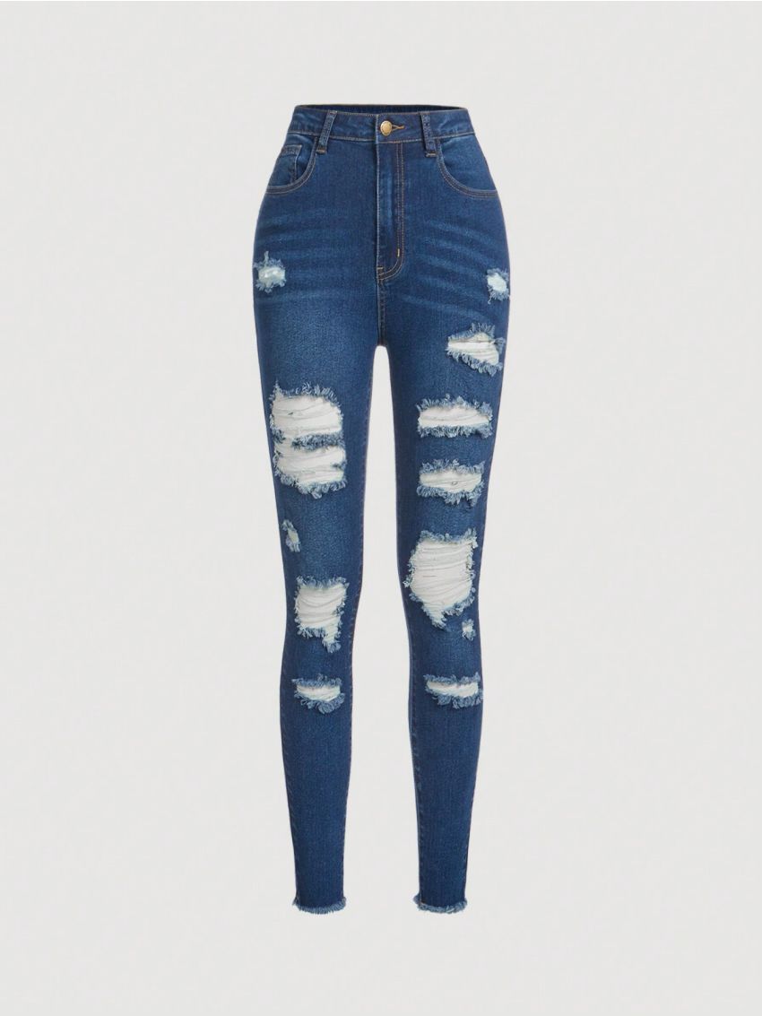 SHEIN Teen Girl Cut Out Ripped Distressed Raw Trim Skinny Cropped Jeans