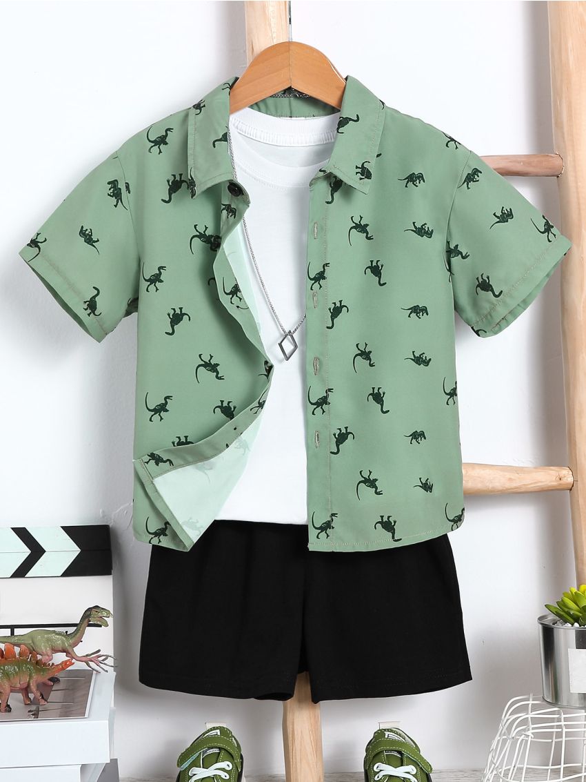 SHEIN Young Boy Toddler Boys Dinosaur Print Shirt & Shorts Without Tee