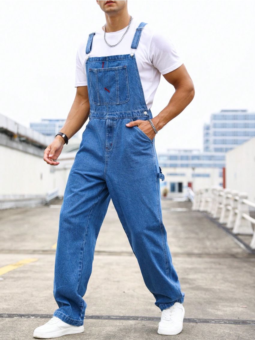 Men Slant Pocket Denim Overalls Without Tee