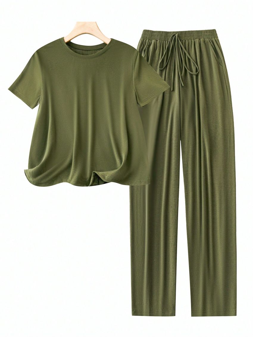 SHEIN LUNE Plus Size Women'S Short Sleeve T-Shirt And Pants Outfit