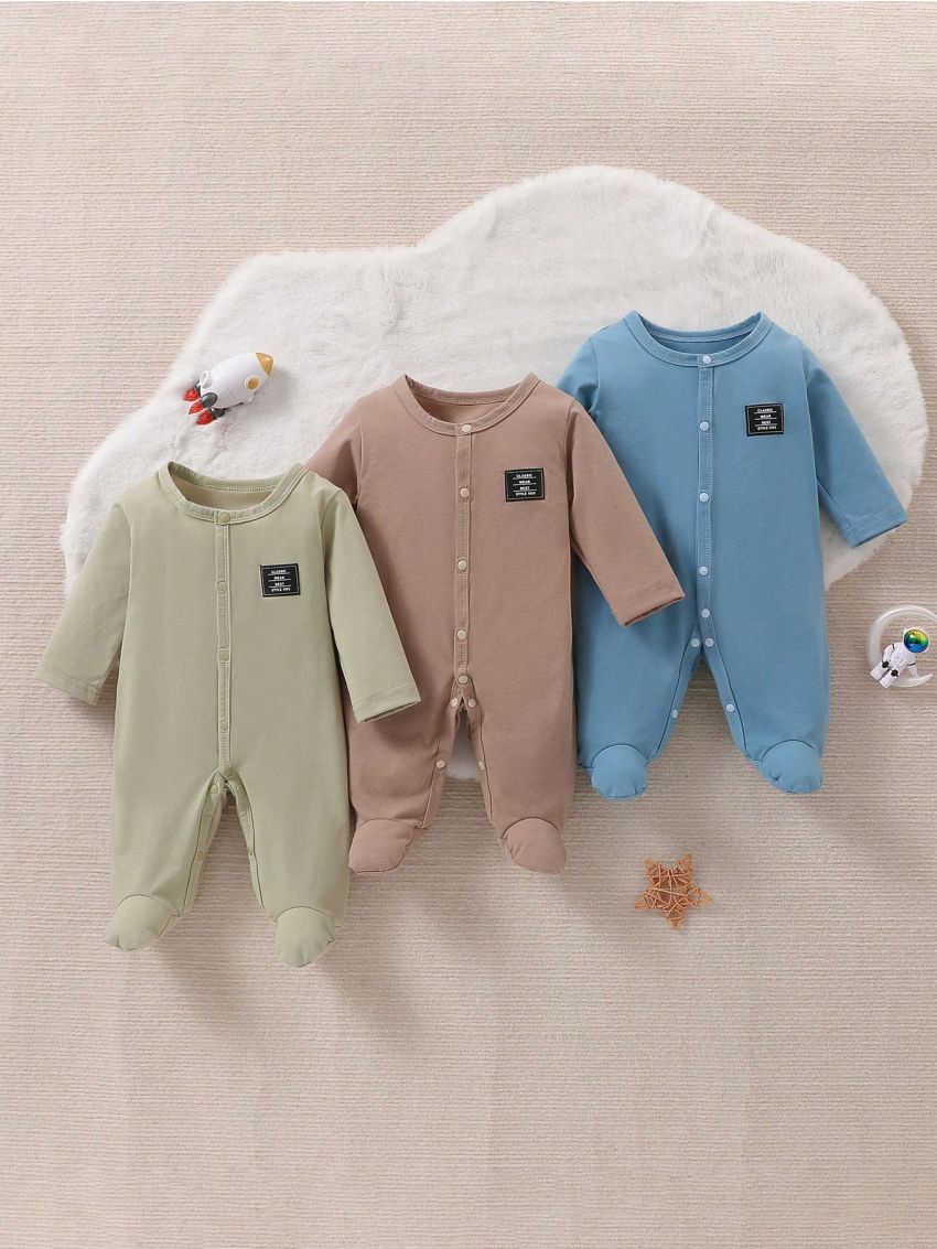 SHEIN 3pcs/Set Baby Boys' Long Sleeve Rompers With Footies