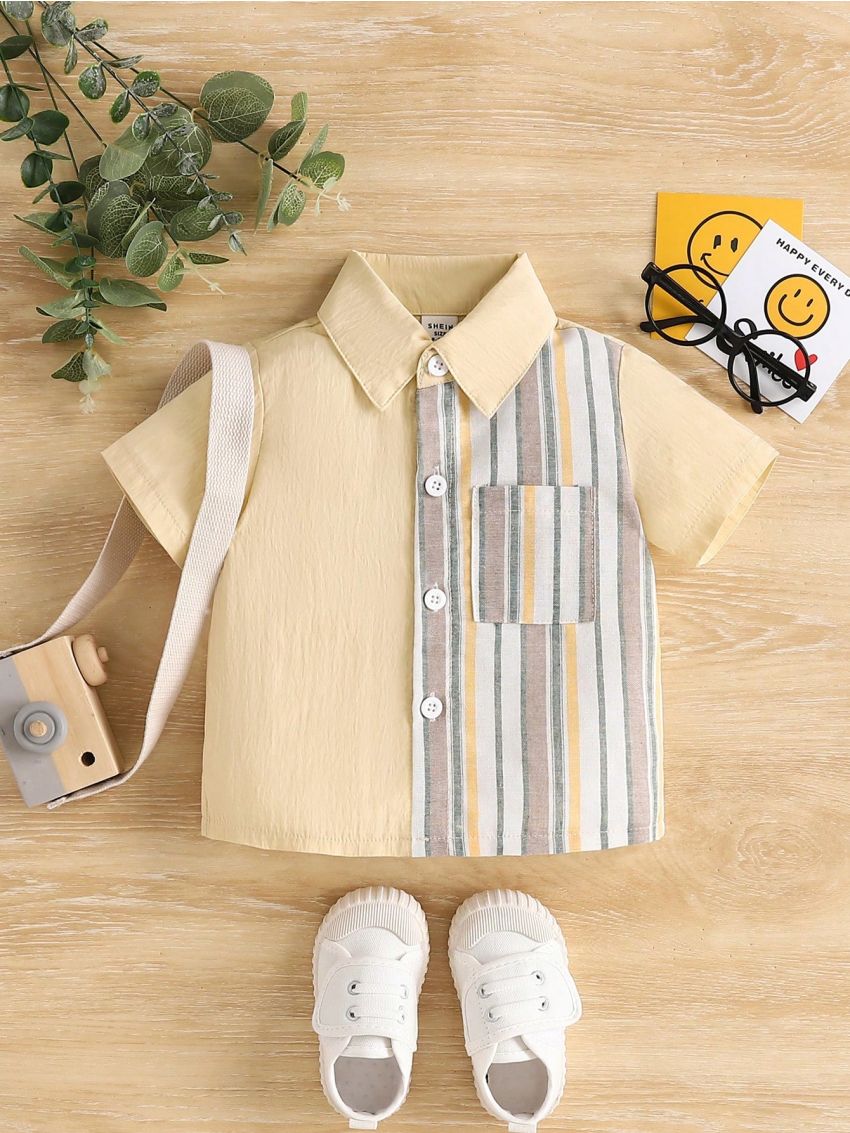 1pc Baby Boys' Striped Patchwork Top