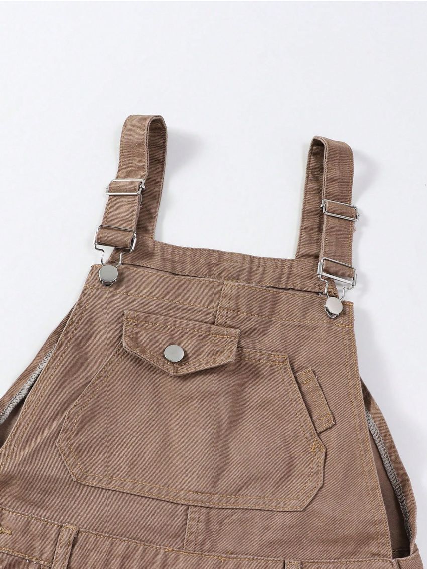 Teenage Boys' Street Style Casual Adjustable Overalls, Khaki & Loose Denim