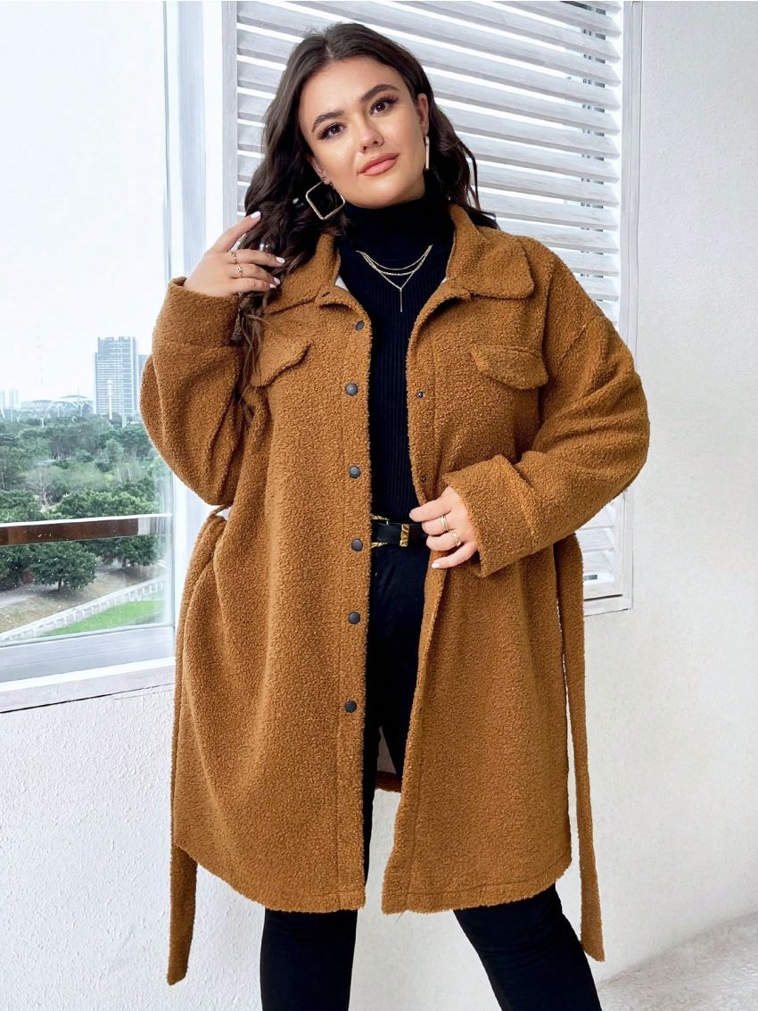 SHEIN Privé Plus Drop Shoulder Belted Teddy Coat