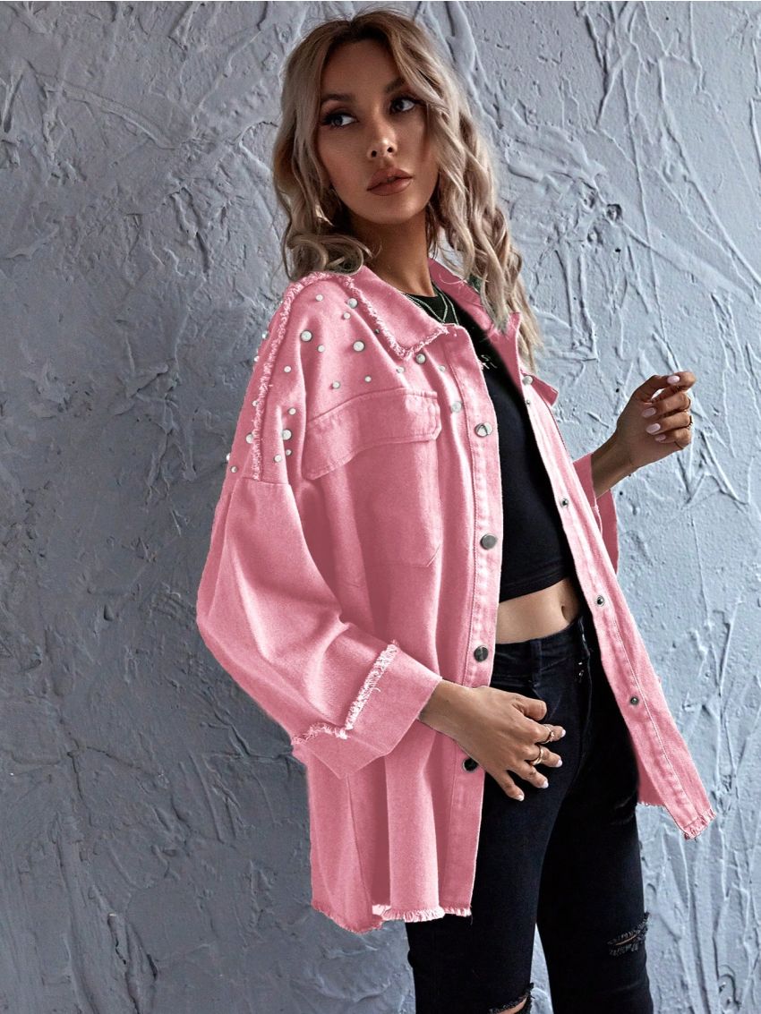 SHEIN LUNE Pearls Beaded Drop Shoulder Raw Hem Coat