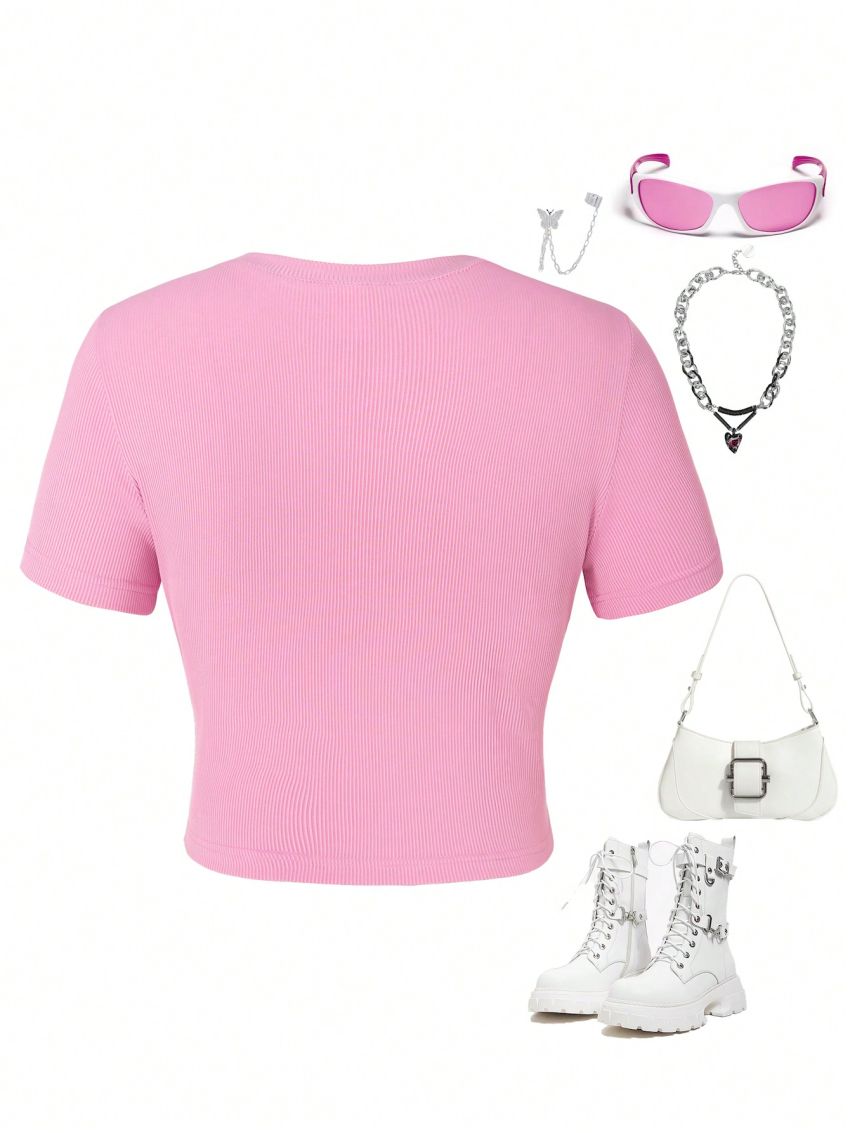 Teenager Knitted Ribbed Cat Print T-Shirt