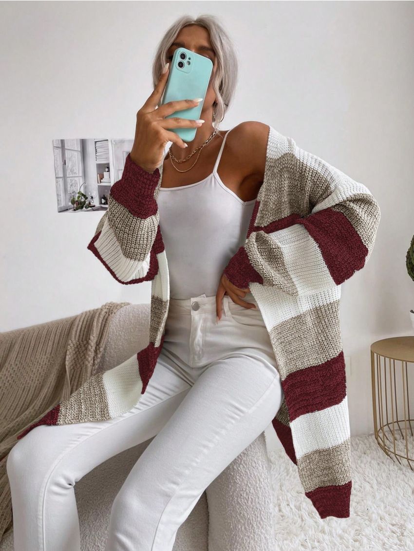 SHEIN Essnce Color Block Drop Shoulder Duster Cardigan