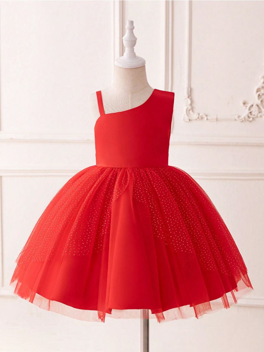 Young Girl's Asymmetrical Neckline Sleeveless Mesh Formal Dress