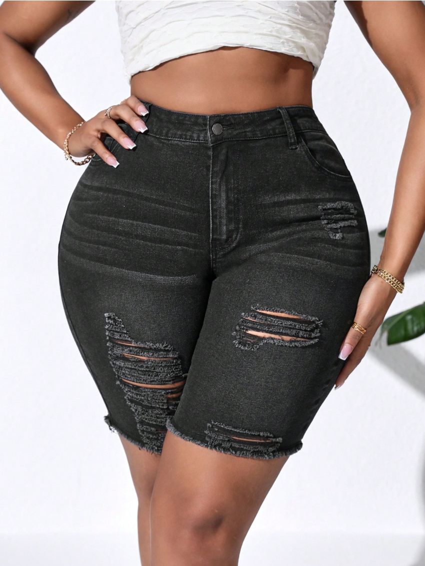 SHEIN VCAY Women's Plus Size High Waist Irregular Ripped Tight Denim Shorts With College Style