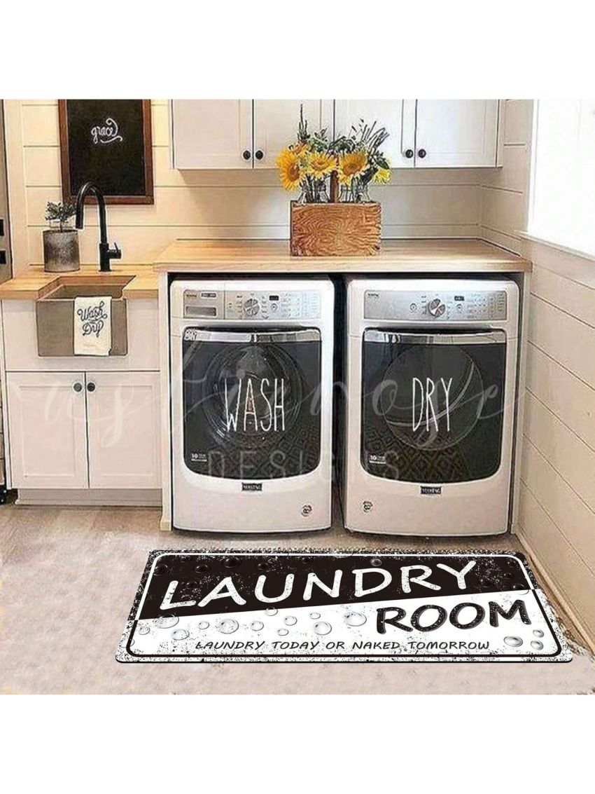 Grey White Farmhouse Laundry Room Rug Runner, Farmhouse Laundry Foam Mats for Washroom Bathroom Non Skid Laundry Mats, Kitchen Mat, 20x48, Laundry Room Decor Accessories