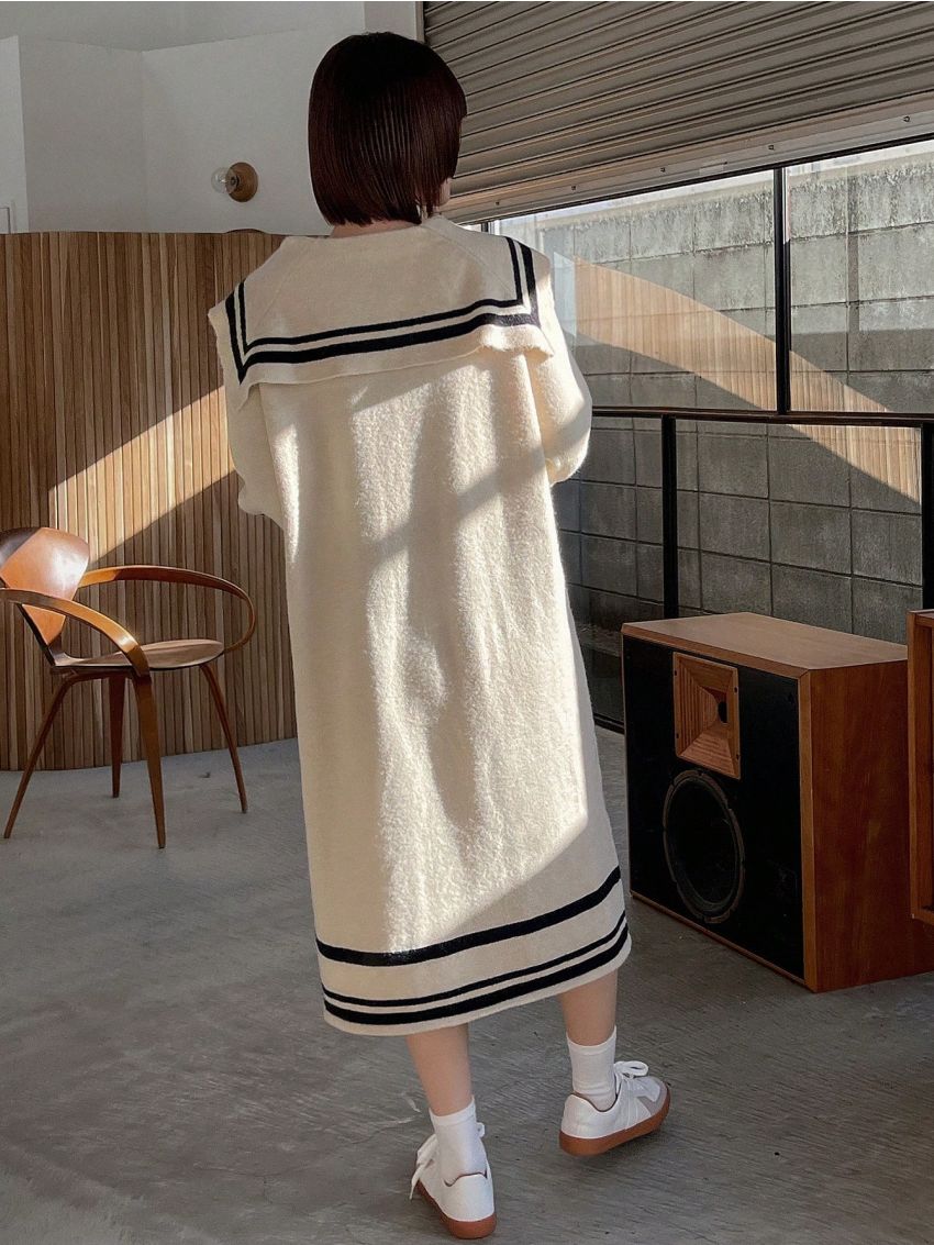 FRIFUL Women's Contrast Trim Crew Neck Sweater Dress