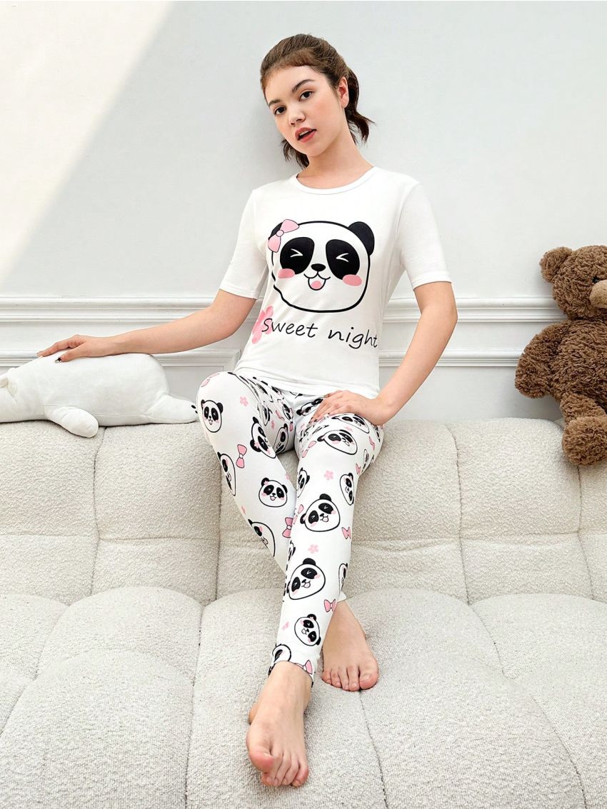 Teen Girls' Cute Panda & Letter Print Tight Homewear Set 2pcs