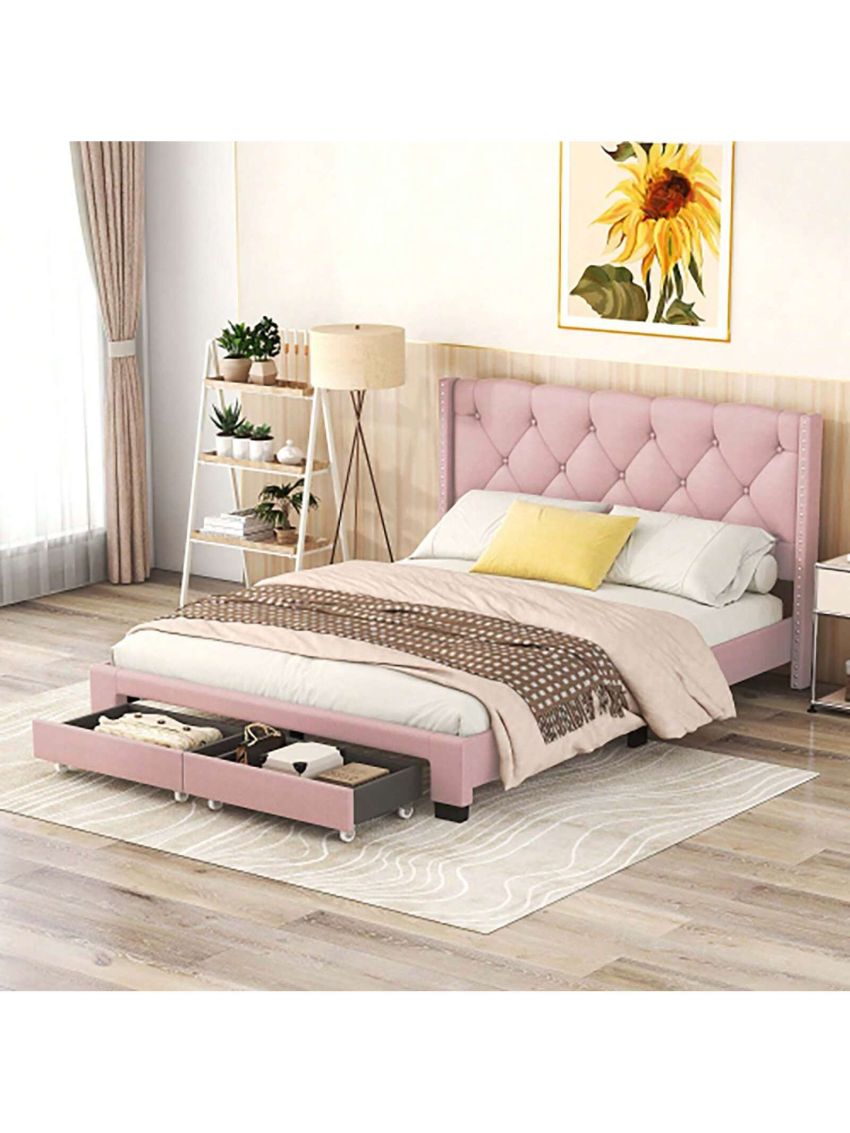 Upholstered Queen Size Storage Bed Linen Upholstered Platform Bed with Two Drawers
