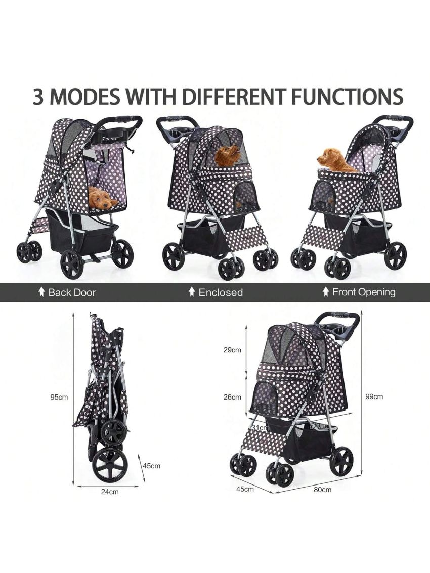 Pet Stroller for Medium Small Dogs & Cats, One-Hand Folding Portable Travel Cat Dog Stroller with Large Storage Basket and Cup Holder, 4 Wheels