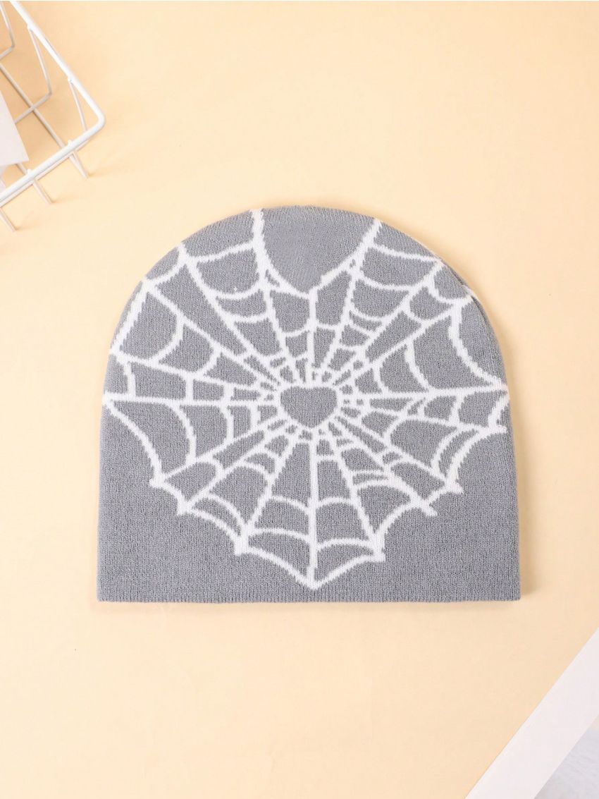 Rat Studio Y2k Fashion Heart Shaped Spider Web Pattern Men's Knitted Hat