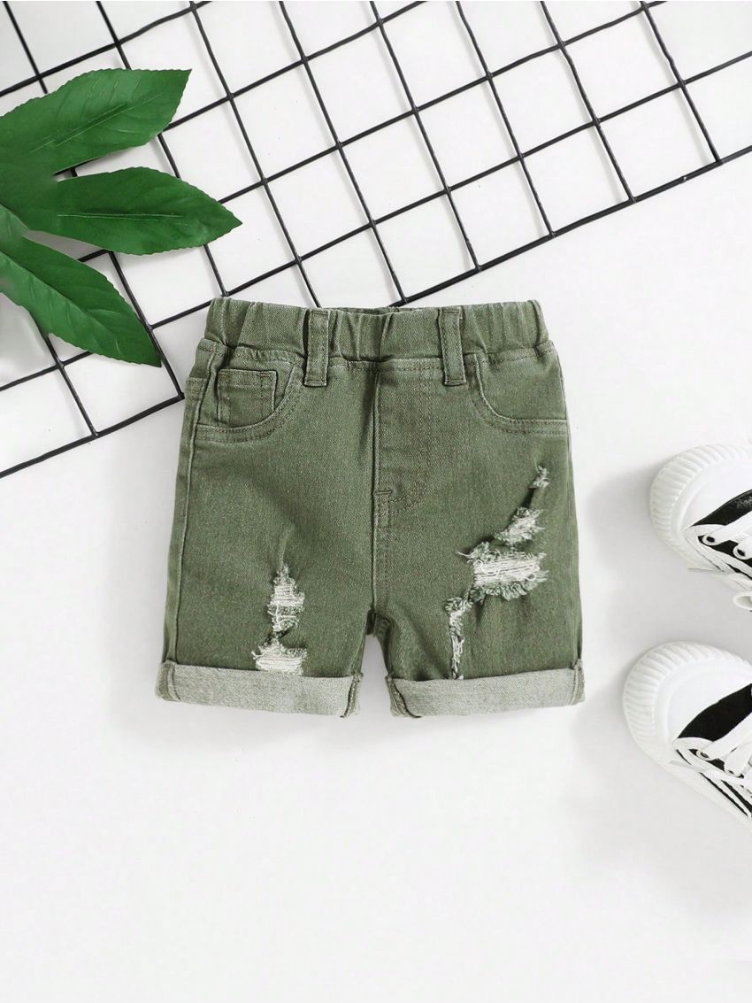 SHEIN Baby Boy's Ripped Washed Distressed Rolled Hem Summer Denim Shorts With Elastic Waistband