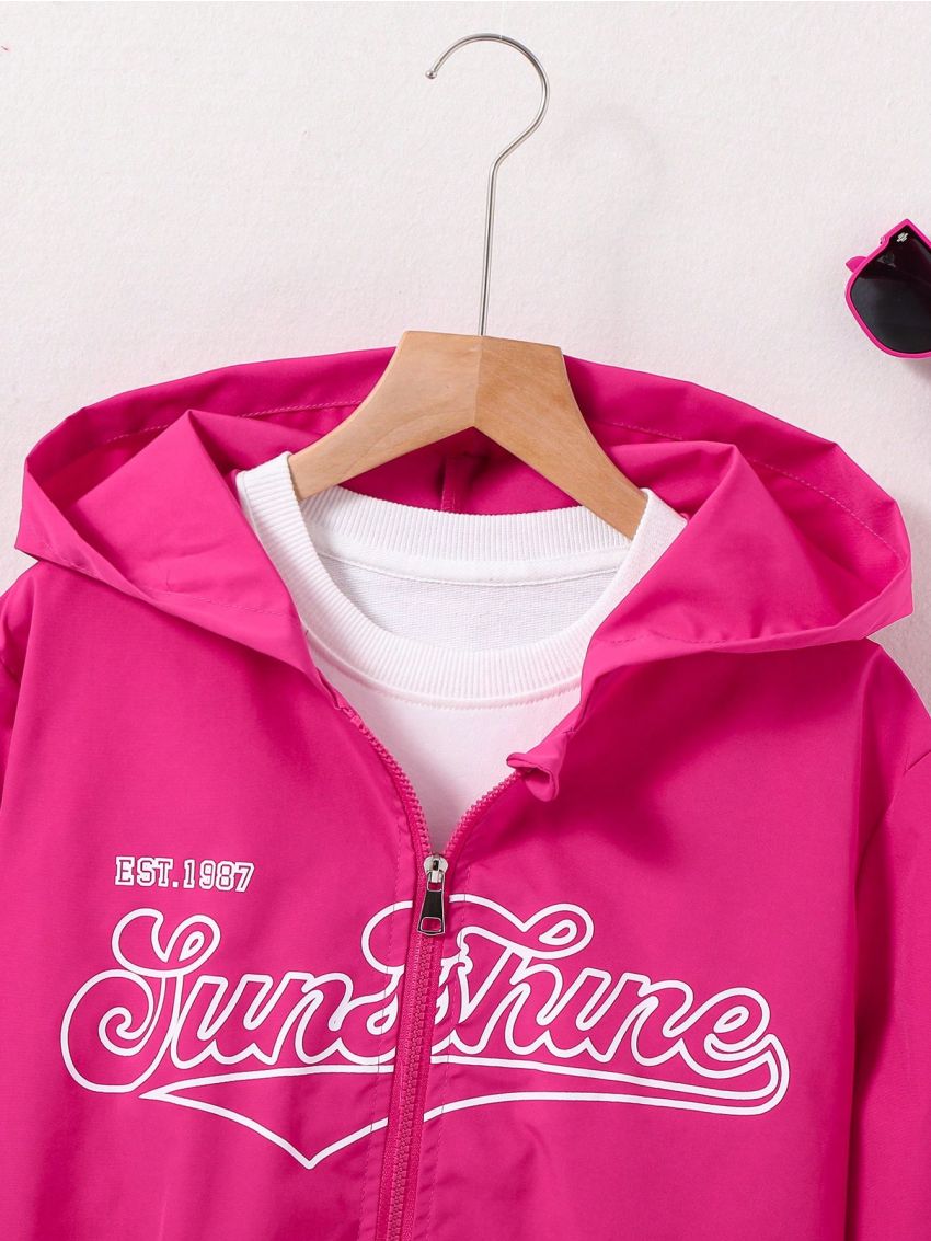 Teenage Girls' Letter Printed Zipper Front Hooded Jacket
