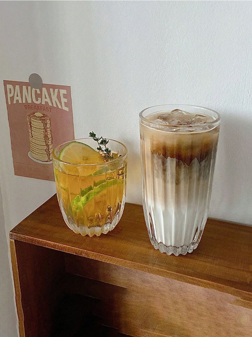 1pc Clear Glass Coffee Cup, American Latte Vertical Stripe Design Cold Drink Cup