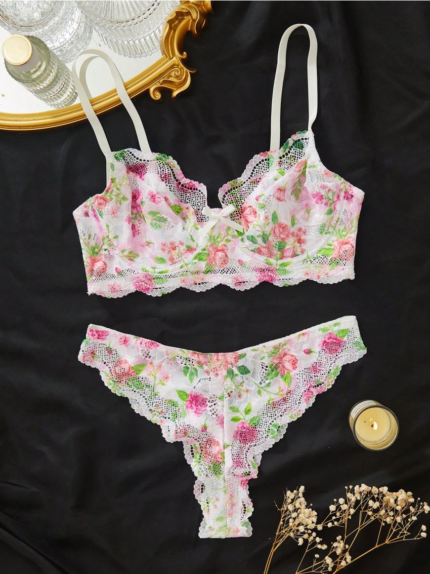 Floral Print Lace Underwire Lingerie Set
