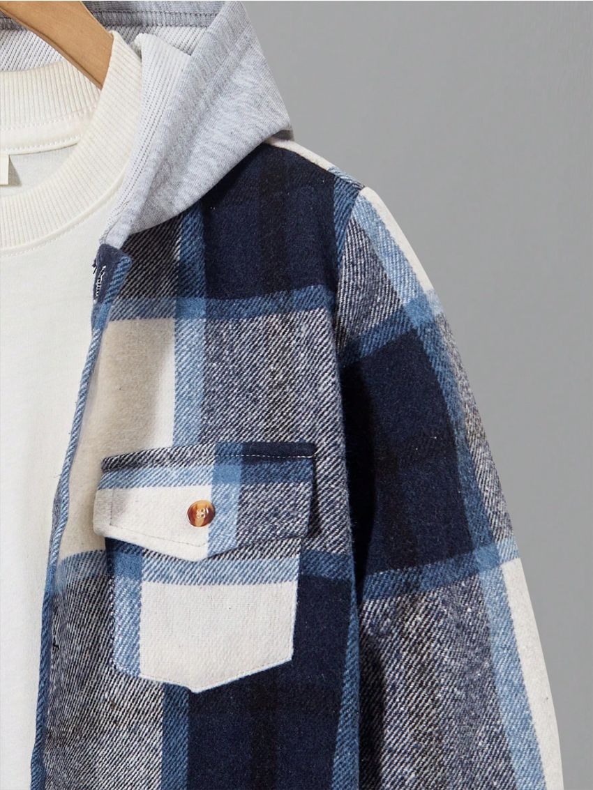 Tween Boy Plaid Print Flap Pocket Hooded Coat Without Tee