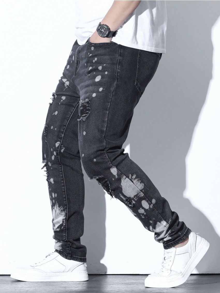 Men Plus Splash Ink Print Ripped Frayed Jeans