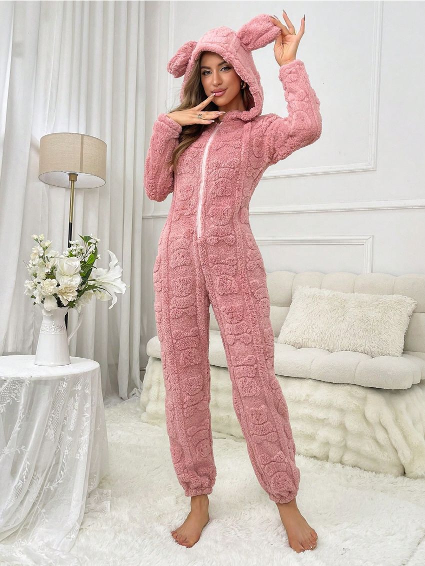 Women'S Plush Pajama Jumpsuit With Bear Pressed Design, Animal Ear And Fleece Material