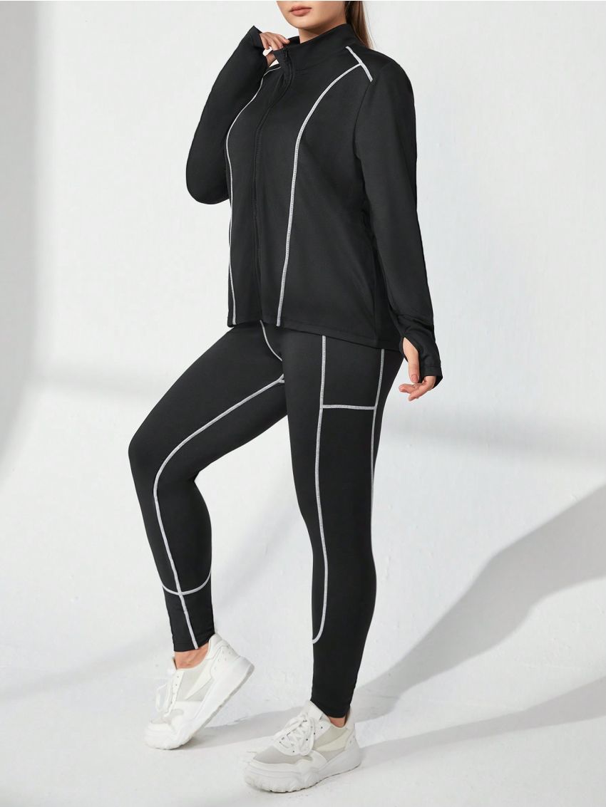 SHEIN Yoga Trendy Plus Size Striped Long Pants & Long Sleeve Top With Thumb Holes And Zipper Set