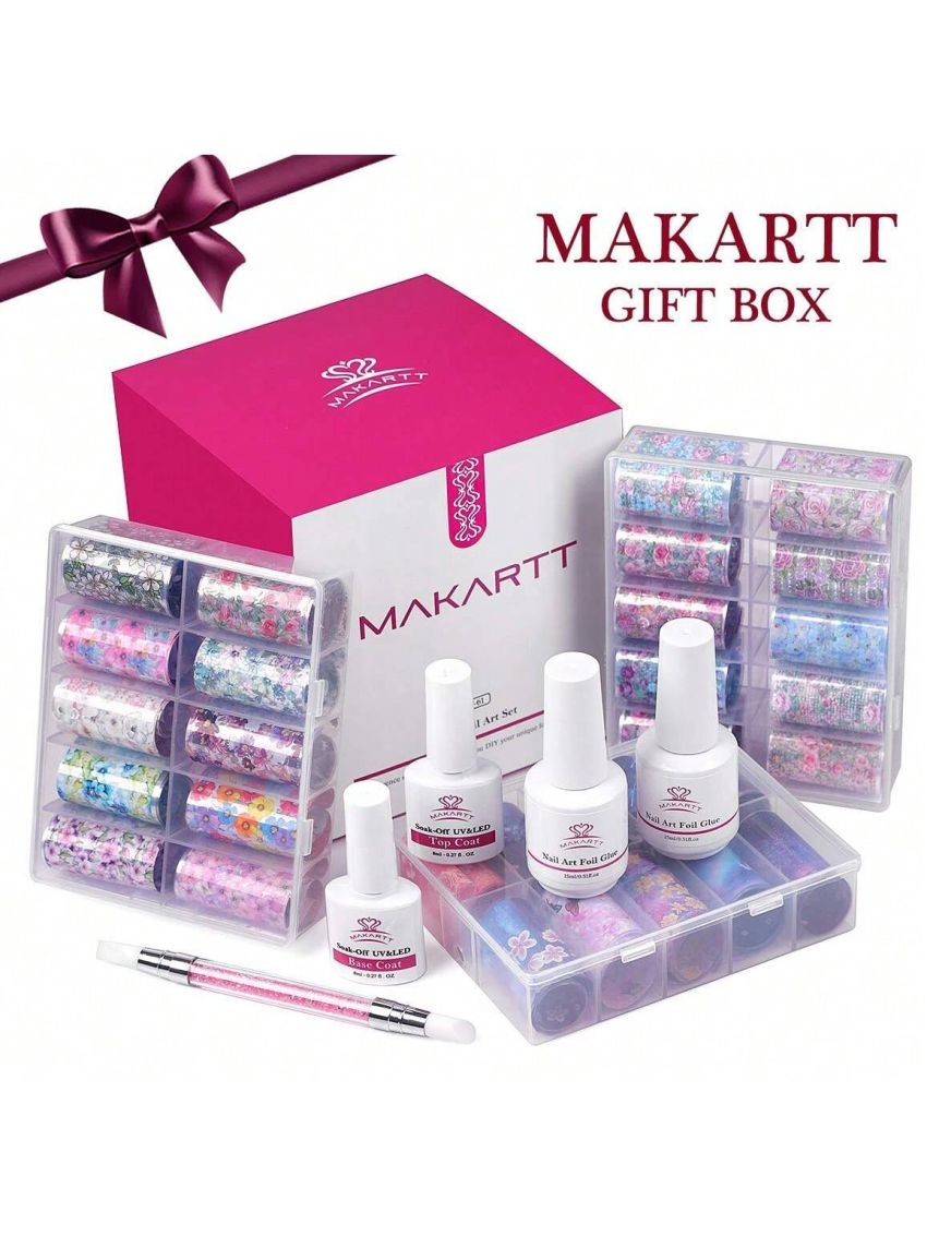 Makartt 2pcs Nail Art Foil Glue Gel with 30 Sheets Flower Transfer Foil Stickers& Gel Base Top Coat Set,All in One Adhesive Nail Decals Nail Design Kit for DIY Nail Decoration Women Girls